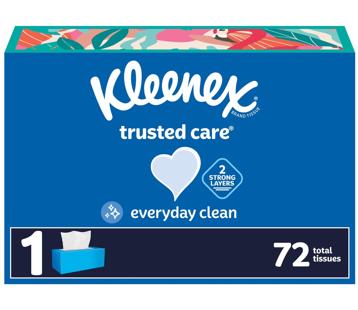 Kleenex Trusted Care Facial Tissues, 1 Flat Box, 72 Tissues Per Box, 2-ply