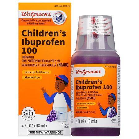 Walgreens Children's Ibuprofen Oral Suspension 100 Mg, Pain Reliever Fever Reducer Grape (4 fl oz)