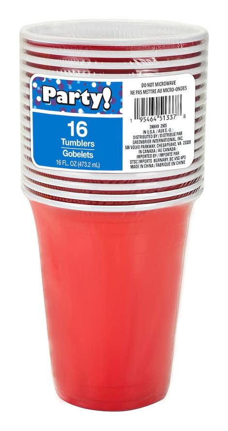 Plastic Tumbler Cups 16 Floz, Red (16 ct)