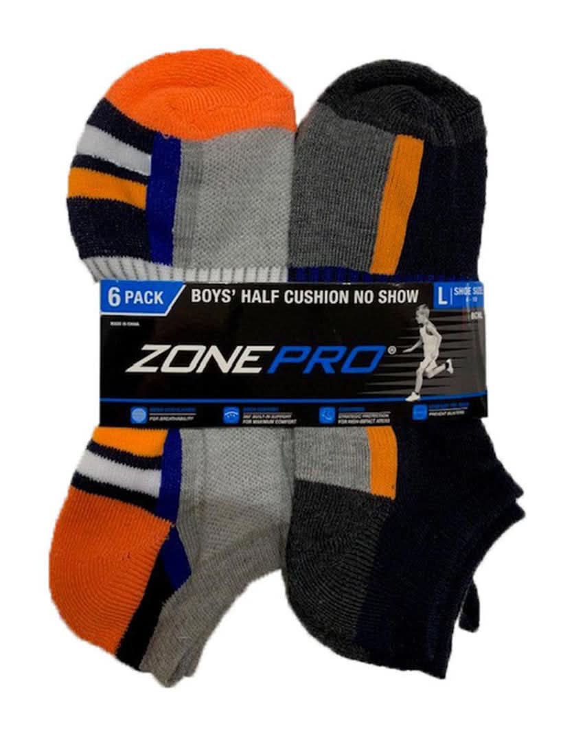 Zone Pro Boy'S Half Cushion Fashion No Show Size Large 6 Pack