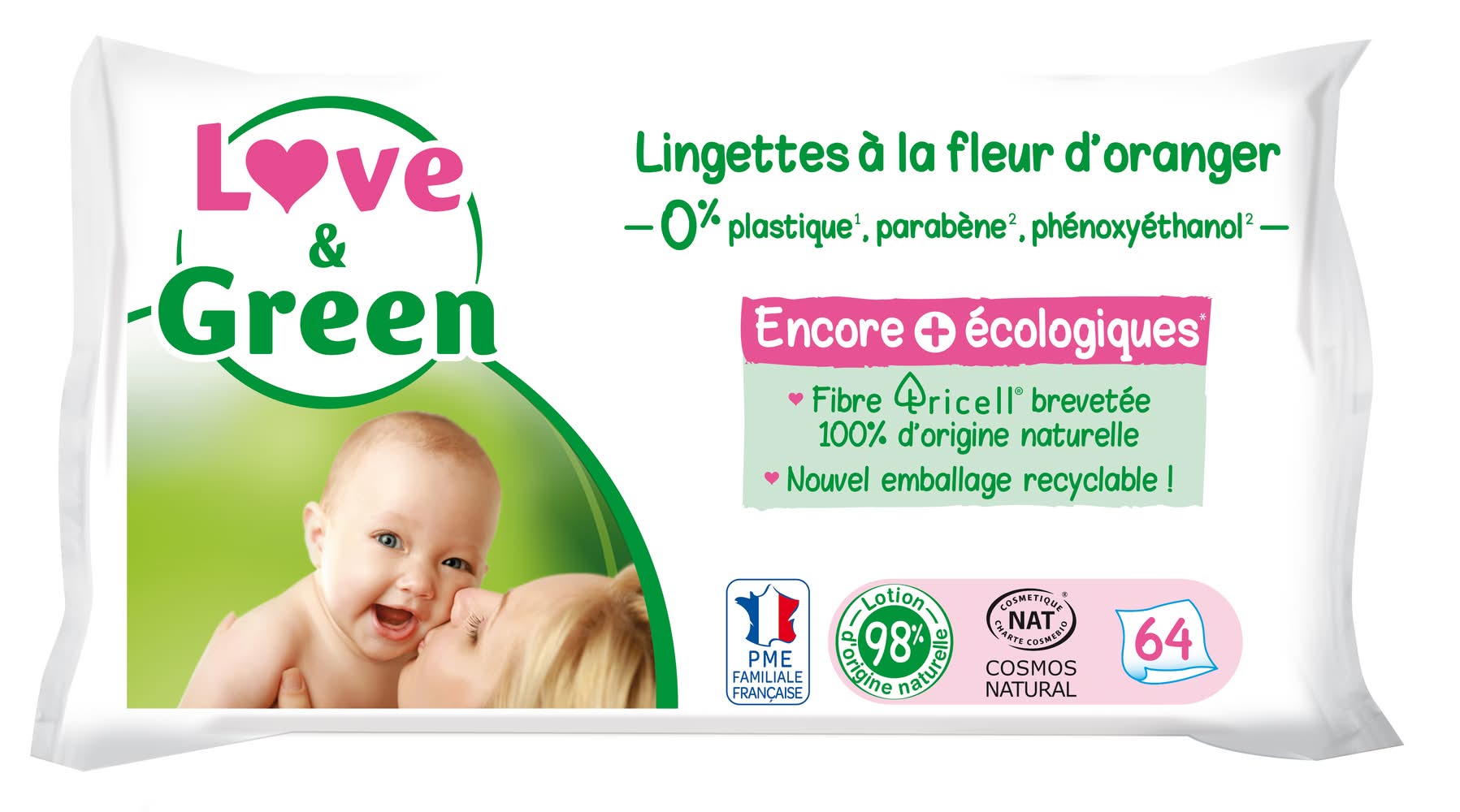 Love & Green - Lingettes hypoallergéniques à la fleur d'oranger peaux sensibles (350g)