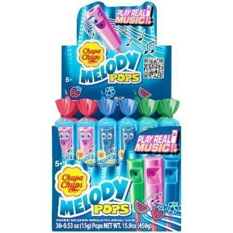 Party City Chupa Chups Melody Pop Lollipop, Blue Raspberry -Strawberry - Watermelon, Multi (53 oz, 30 ct)