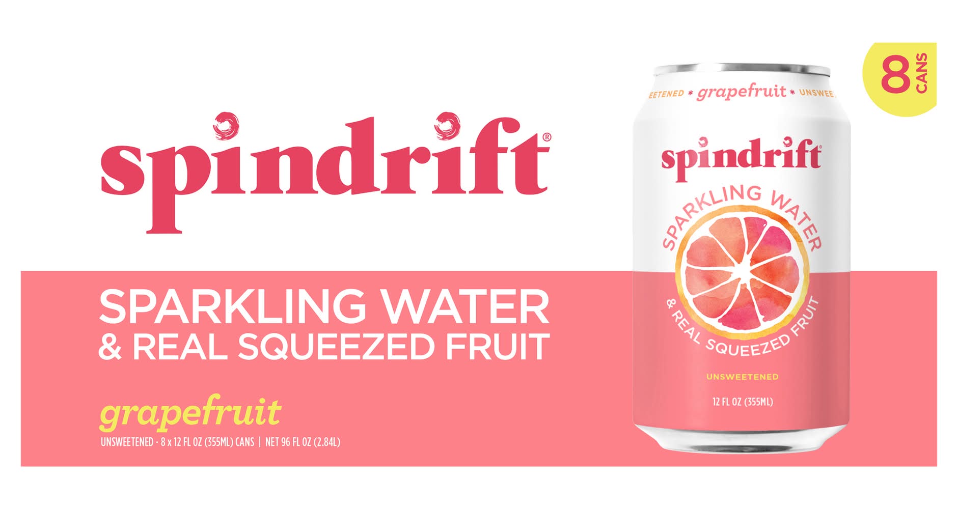 Spindrift Sparkling Water & Real Squeezed Fruit, Grapefruit (8 x 12 fl oz)