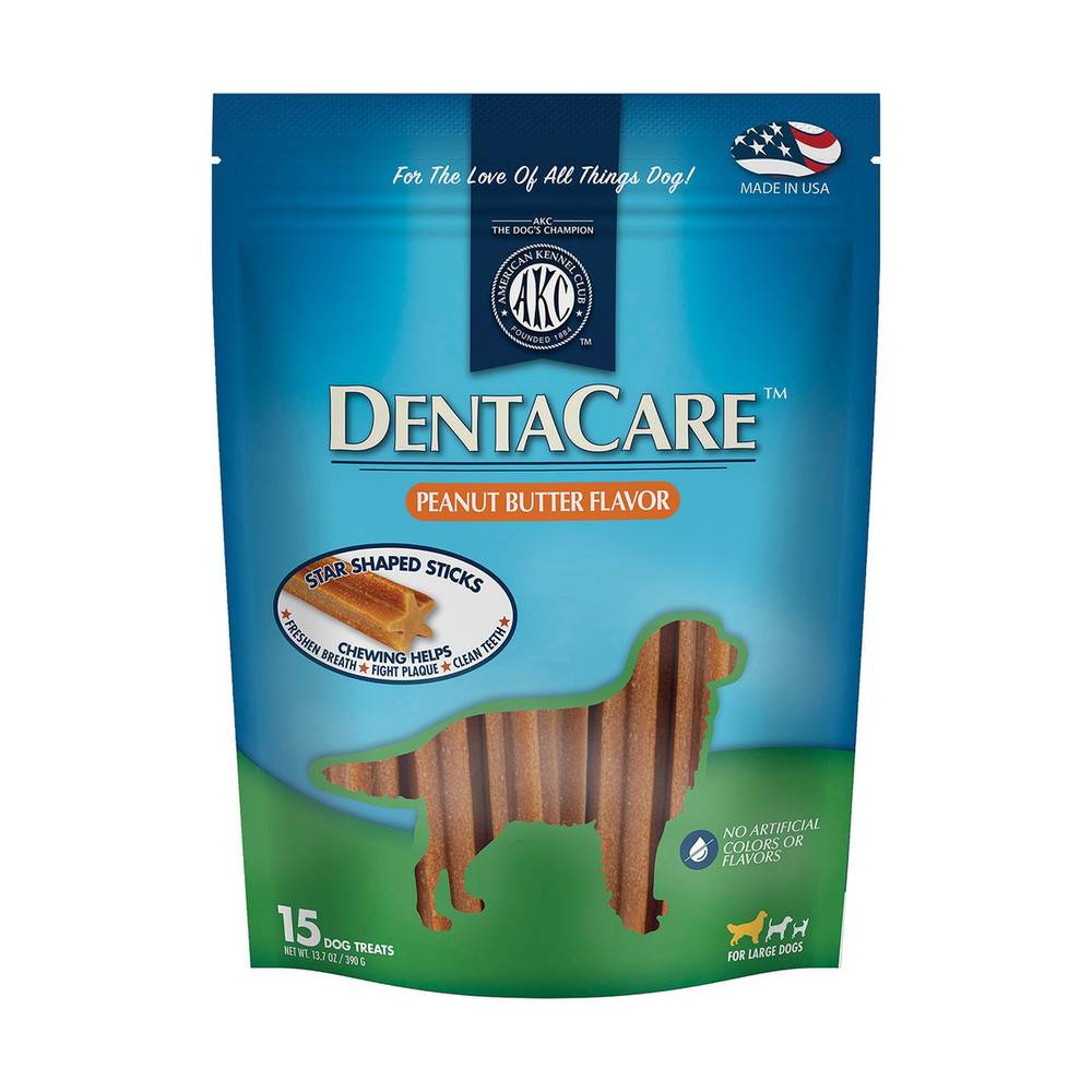 AKC Dentacare Star Shaped Chewing Sticks For Dogs, Peanut Butter, Large (13.7 oz, 15 ct)