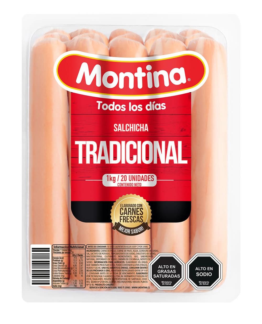Montina · Salchicha tradicional de carnes 100% frescas (20 un)