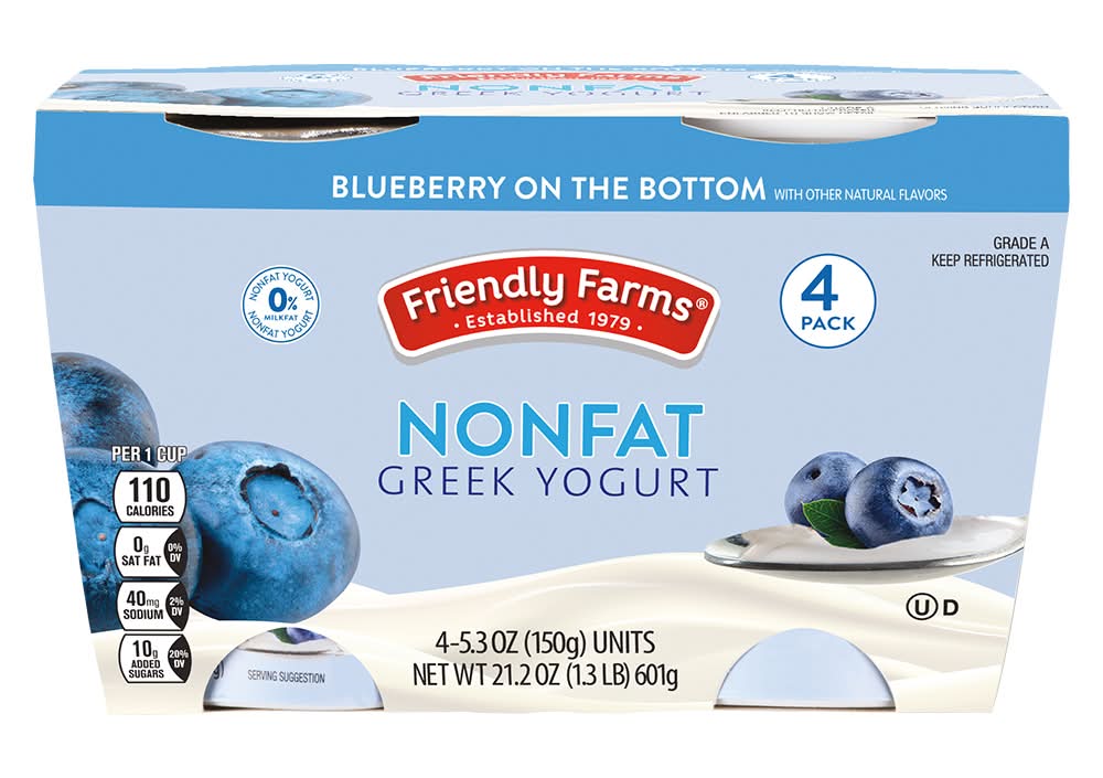 Friendly Farms Nonfat Greek Yogurt, Blueberry (4 x 5.3 oz)