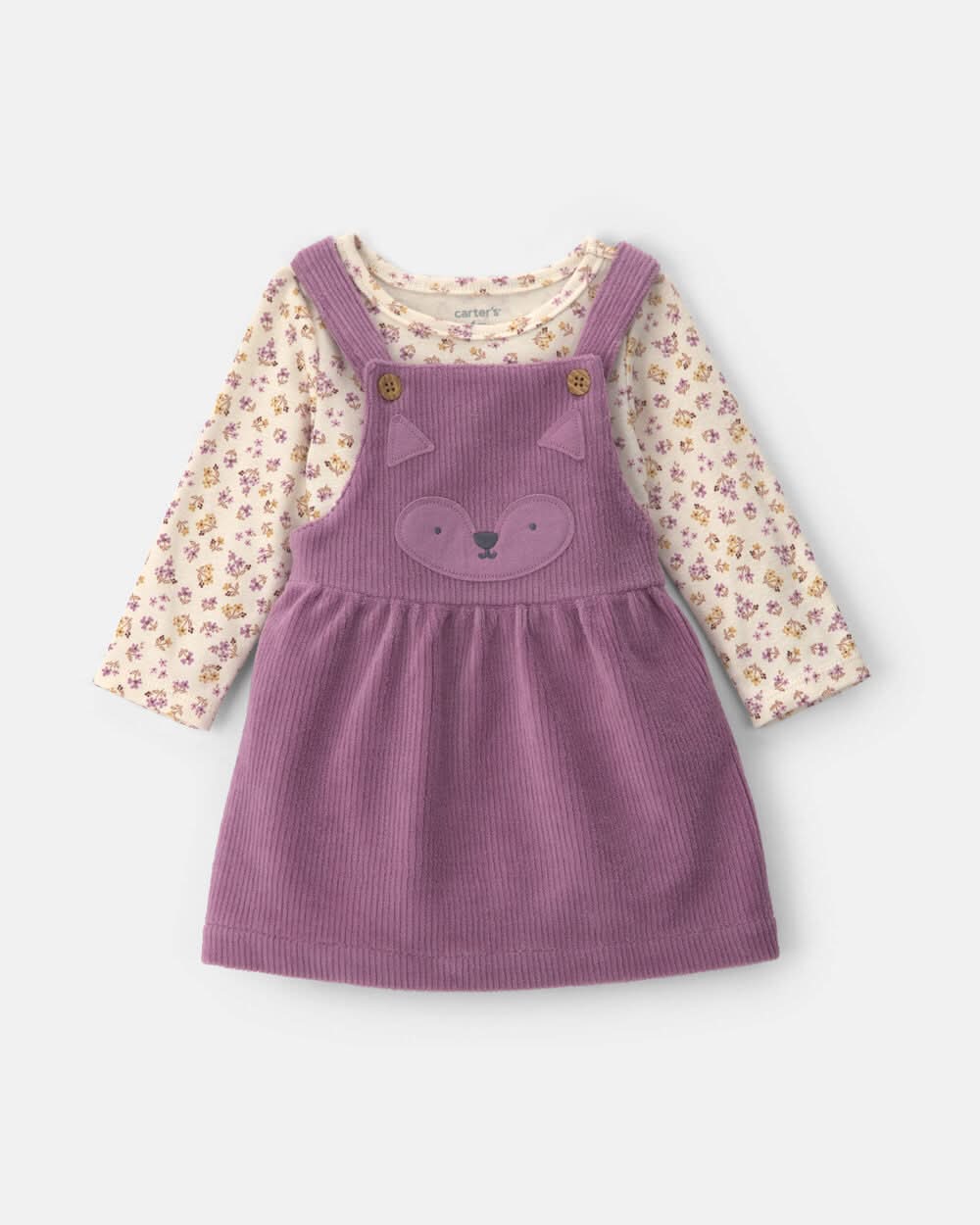 Baby Girl 2-Piece Fox Velvety Long-Sleeve Dress Set - Purple/Cream - 18M