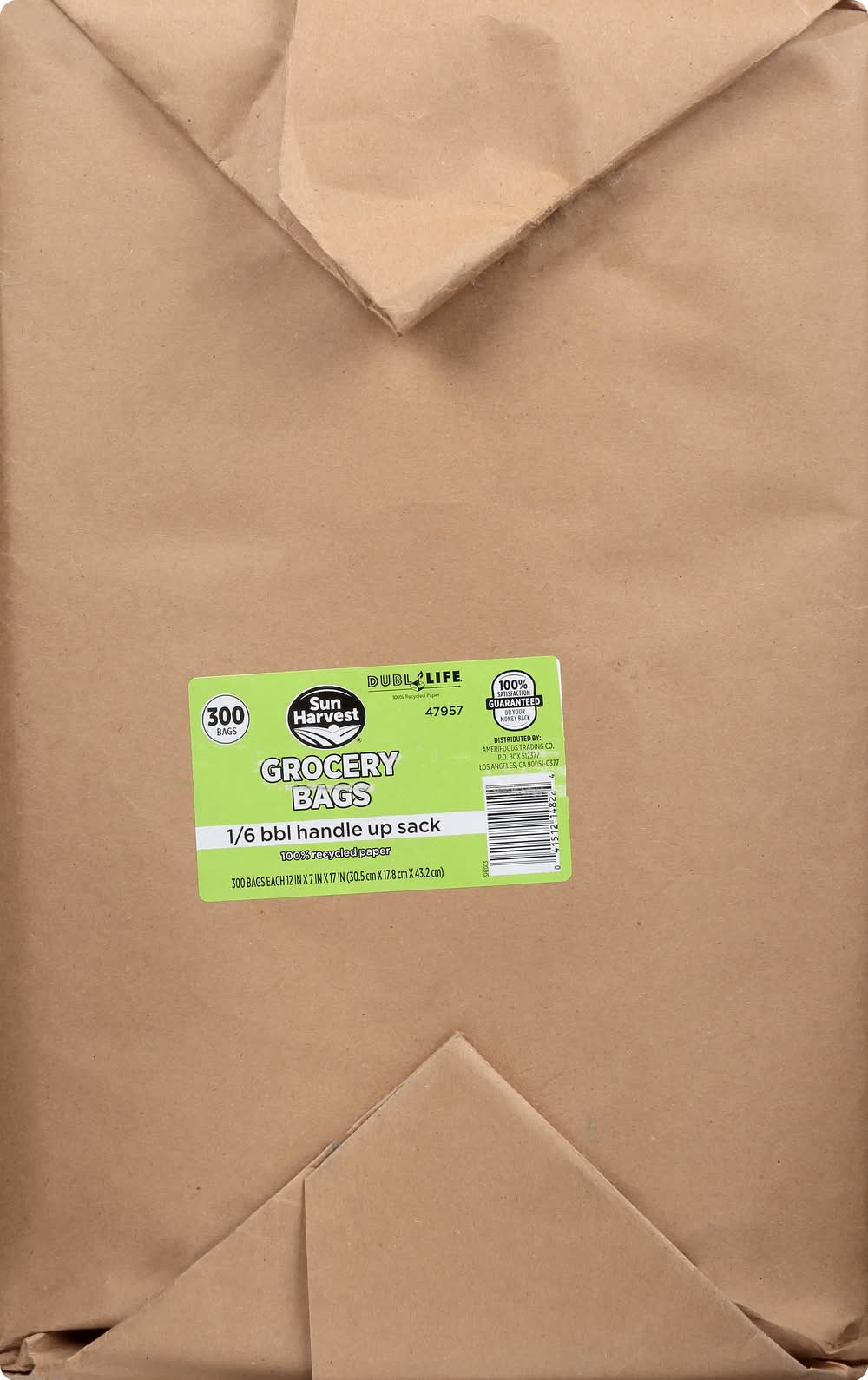 Sun Harvest Dubl Life 1/6 Bbl Handle Up Sack Grocery Bags, 12x7x17 in, Brown (300 ct)