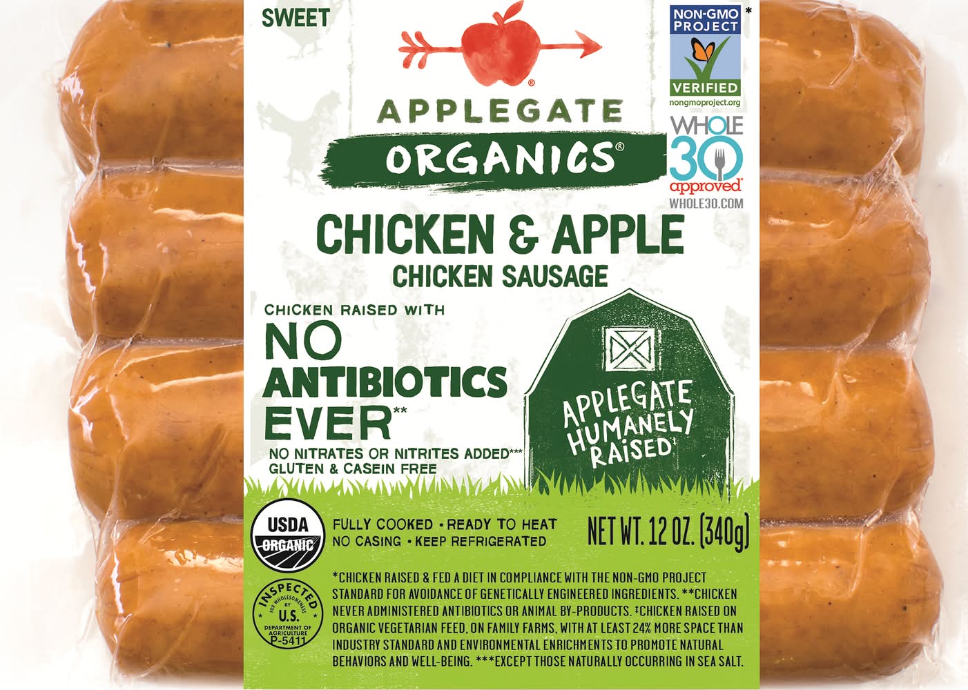 Applegate Organics Sweet Chicken Sausage, Apple (12 oz)