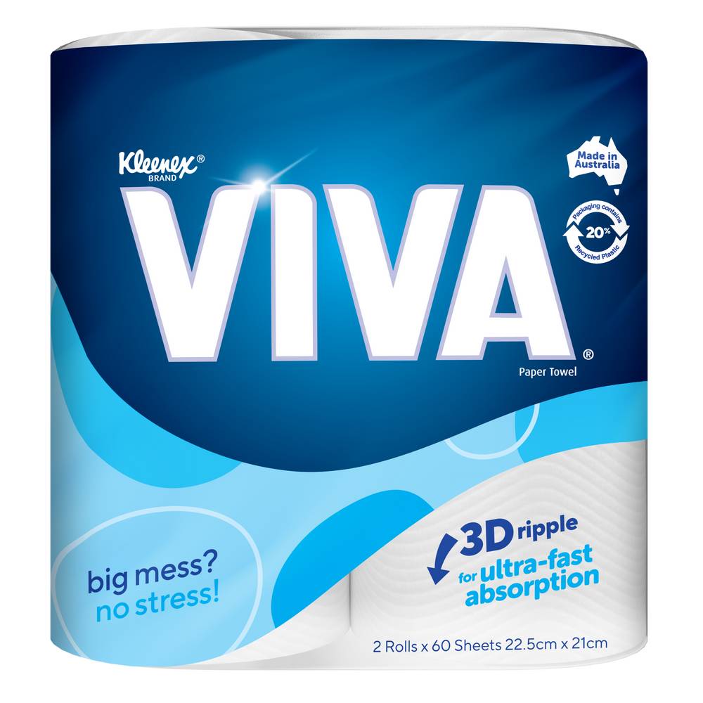 Kleenex Viva Paper Towel Rolls, 22.5x21 cm, White (2 pack)