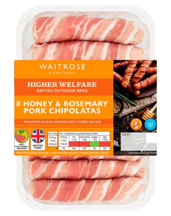 Waitrose & Partners Honey & Rosemary, British Pork Chipolatas (8 pack)