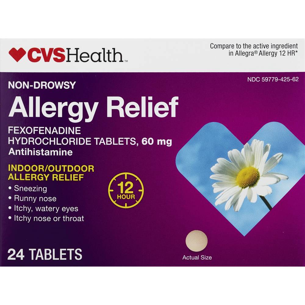 CVS Health 12Hr Non Drowsy Allergy Relief Fexofenadine HCl Tablets, 24 CT