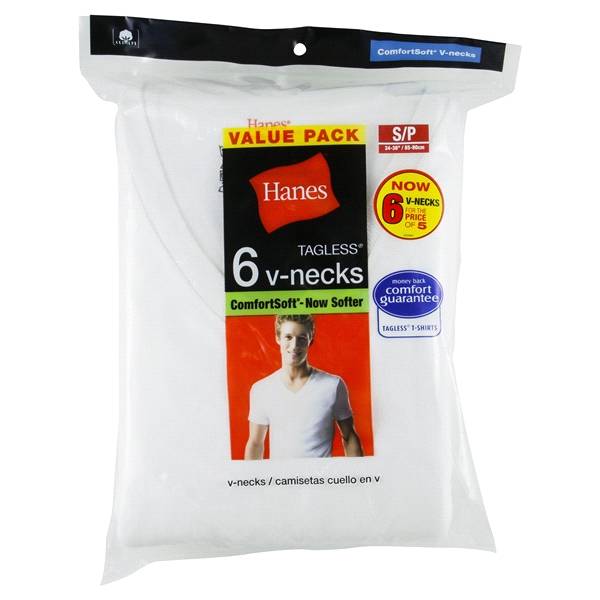 Hanes Men's Comfortsoft V-Neck T-Shirts, White, 6 Pack, Small