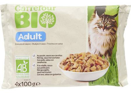 Pâtée pour chats émincés en sauce Bio CARREFOUR BIO - les 4 sachets de 100g