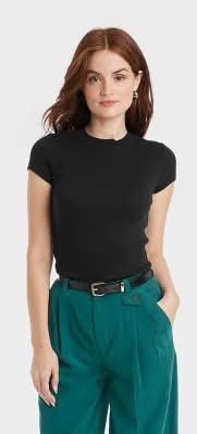 A New Day Slim Fit Short Sleeve Ribbed T-Shirt, Women, XS, Black
