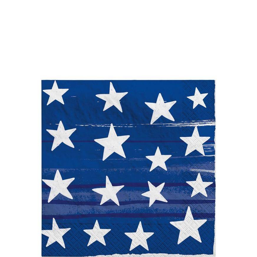 Party City Painted Patriotic American Flag Beverage Napkins, Blue-White (100 ct)