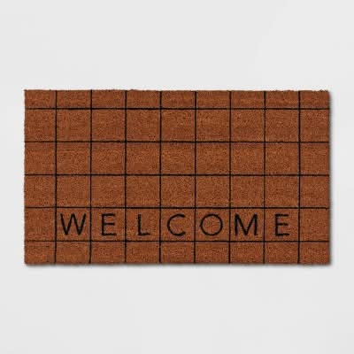 Room Essentials Welcome Grid Rectangular Outdoor Door, 1'4x2'4 in, Mat Blue