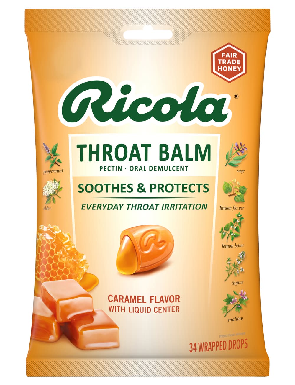 Ricola Throat Balm Soothes & Protects Oral Wrapped Drops, Caramel (34 ct)