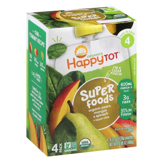 Happy Tot Organics Super Foods 4 (tots & tykes) Organic Pears, Mangos & Spinach + Super Chia Fruit & Veggie Blend (4 ct)