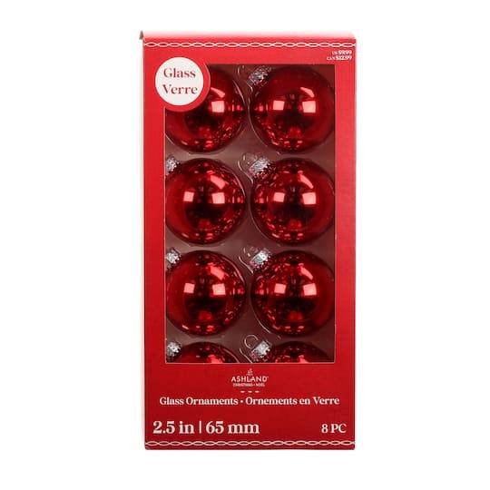 Ashland Shiny Glass Ball Ornaments, 2.5", Red (8 ct)