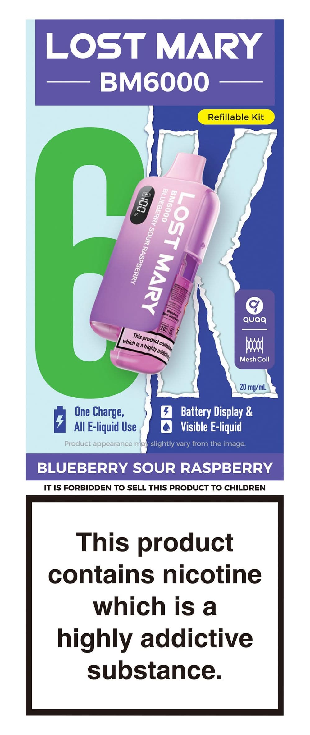 LOST MARY 93g BLUEBERRY SOUR RASPBERRY 6000 REFILLED KIT