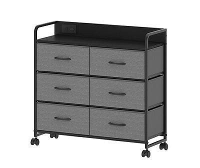 Gray & Black 6-Drawer Metal Rolling Cart with USB Charging