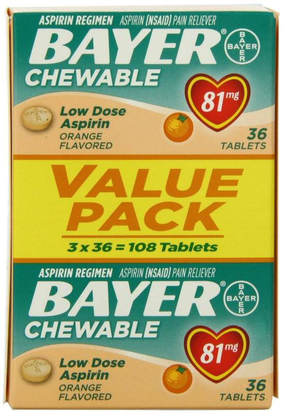 Bayer Aspirin Chewable Tablets, 81mg, Orange, 36 ct - 3 pk