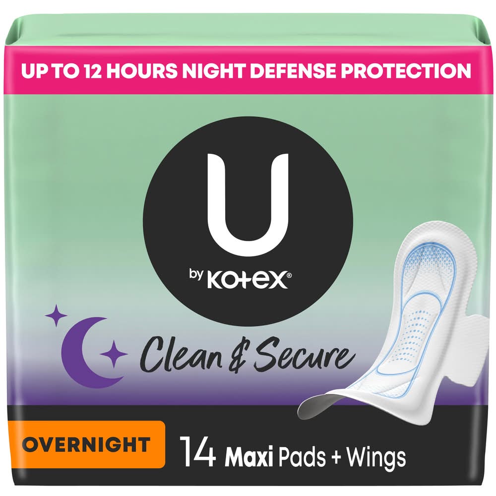 U by Kotex Clean & Secure Maxi Overnight Maxi Pads + Wings (9.6 oz, 14 ct)