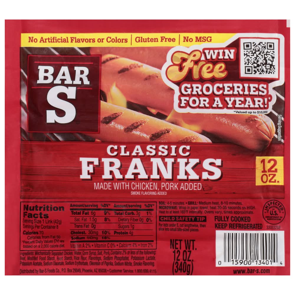 Bar-S Classic Fully Cooked Franks, Smoke (12 oz, 8 ct)