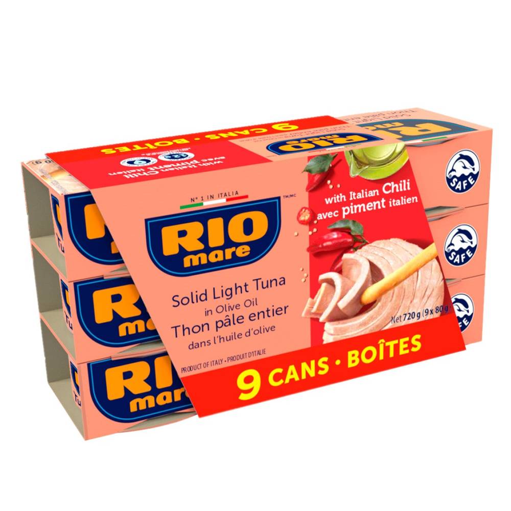 Rio Mare Solid Light Tuna In Olive Oil With Italian Chili, 9 × 80 G