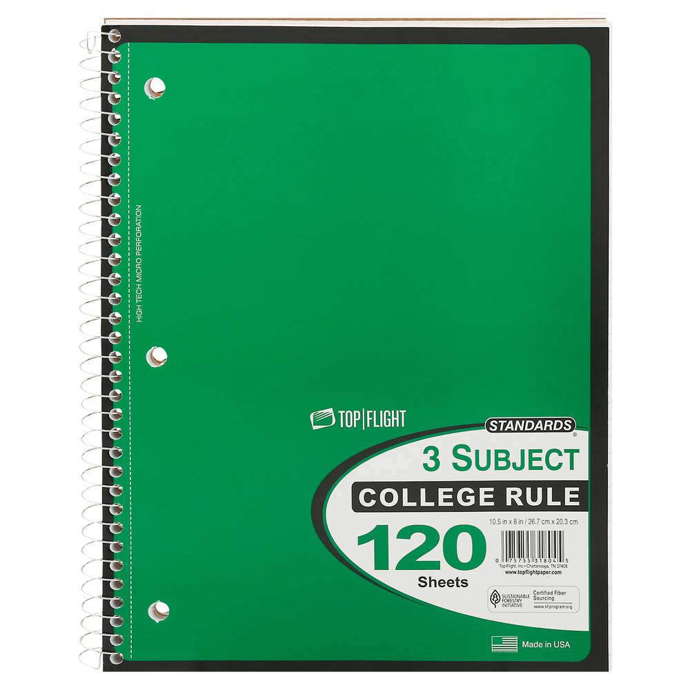 Top Flight Standards 3 Subject College Rule Notebook (120 ct)(green)