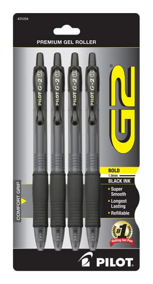 Pilot G2 Retractable Gel Pens, Bold Point, 1.0 mm, Clear Barrels, Black Ink, Pack Of 4