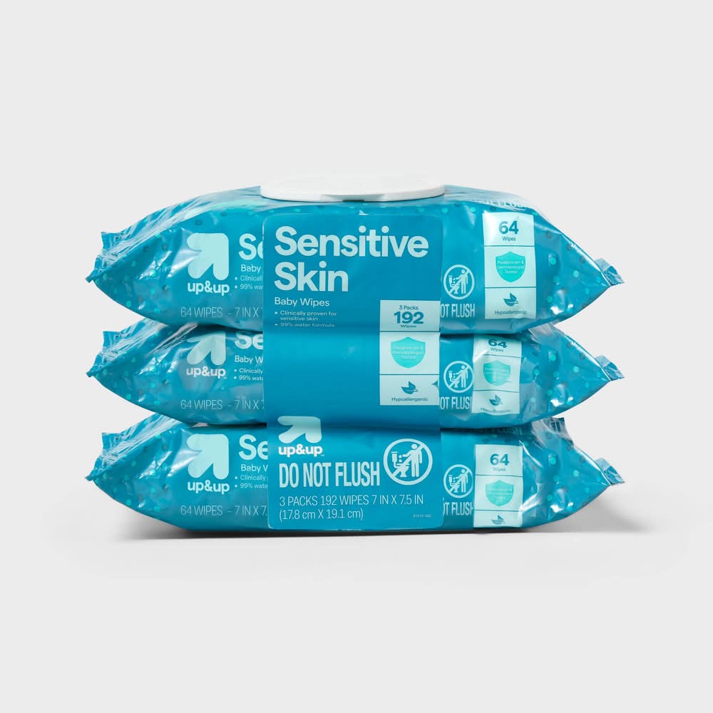up&up Sensitive Skin Baby Wipes, 7x7.5 in (3 x 64 ct)
