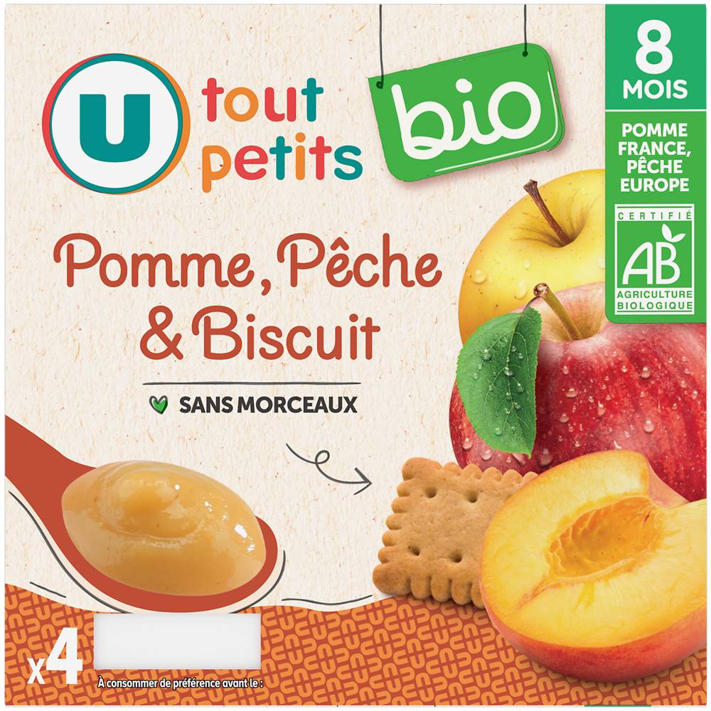 U - Dessert pomme pêche biscuit dès 8 mois (4 pièces)