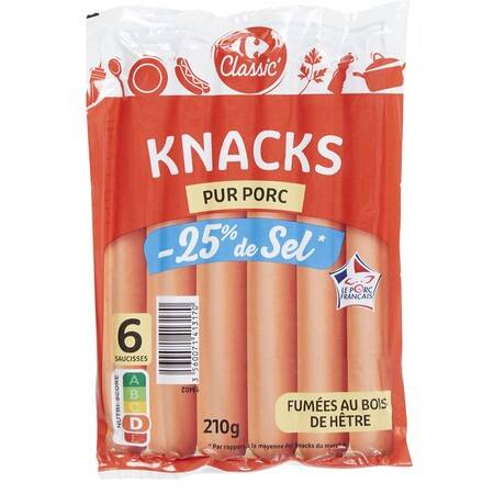 Knacks pur porc réduit en sel Carrefour Classic' - le paquet de 6 - 210g