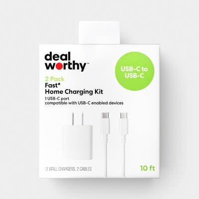 Dealworthy Usb-C To Usb-C Cable Home Charging Kit, 10 ft, White (2 ct)