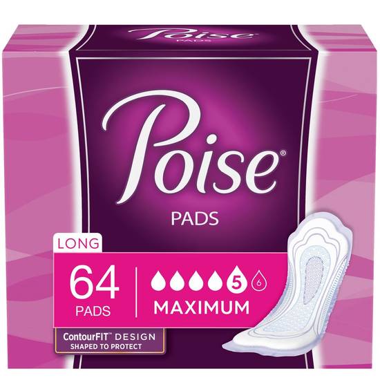 Poise Postpartum Incontinence Pads, Maximum Absorbency - Long, 64 ct