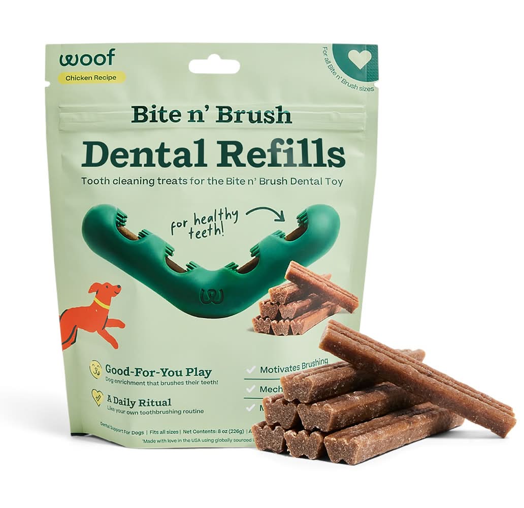 WOOF Dog Bite n' Brush Dental Toothbrush Toy Treat Refills - Scrubs Plaque, Chicken Flavor, 16 ct (Size: Large)