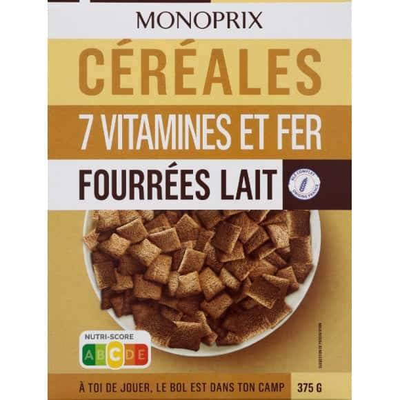 Monoprix Céréales 7 Vitamines Et Fer, Fourrées Lait La Boîte De 375G