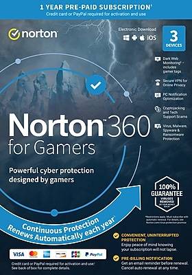 Norton 360 for Gamers for 3 Devices, Windows/Mac/Android/iOS, Product Key Card (21413689)