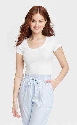 Women's Slim Fit Short Sleeve Ribbed Scoop Neck T-Shirt - A New Day™ White S: Cotton Modal Blend, Pullover