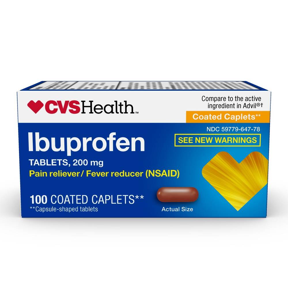 CVS Health Coated Ibuprofen Caplets (Capsule-Shaped Tablets), 200 mg, Pain Reliever and Fever Reducer, 100 CT