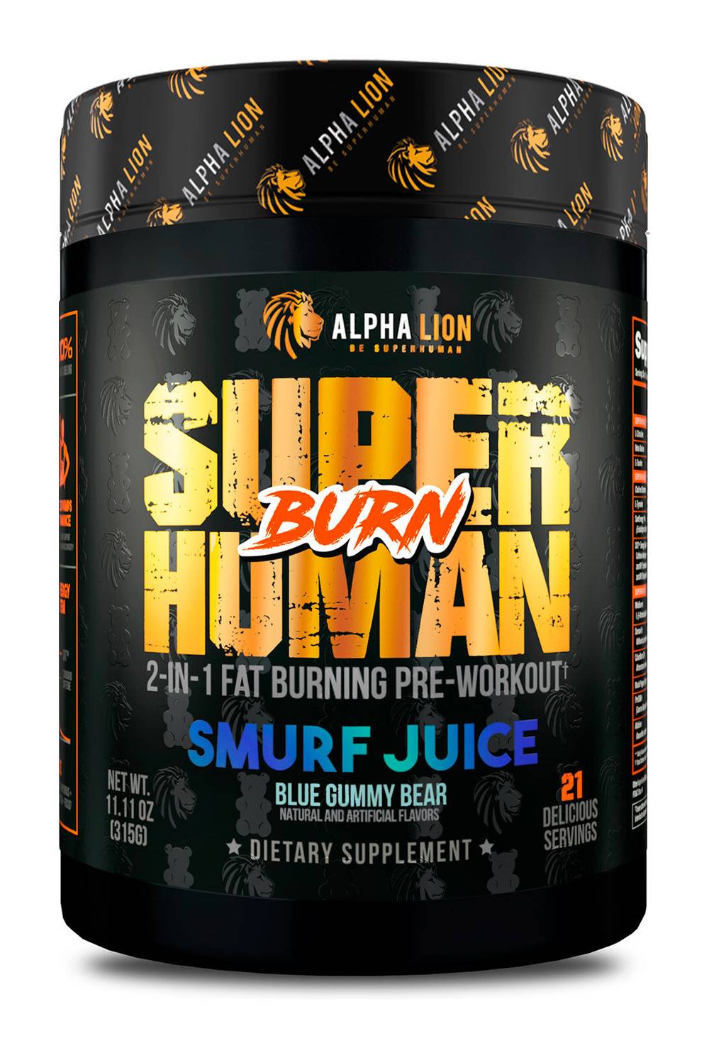 Alpha Lion Superhuman Burn 2 in 1 Fat Burning Pre-Workout Supplement, Smurf Juice Blue Gummy Bear (11.11 oz)