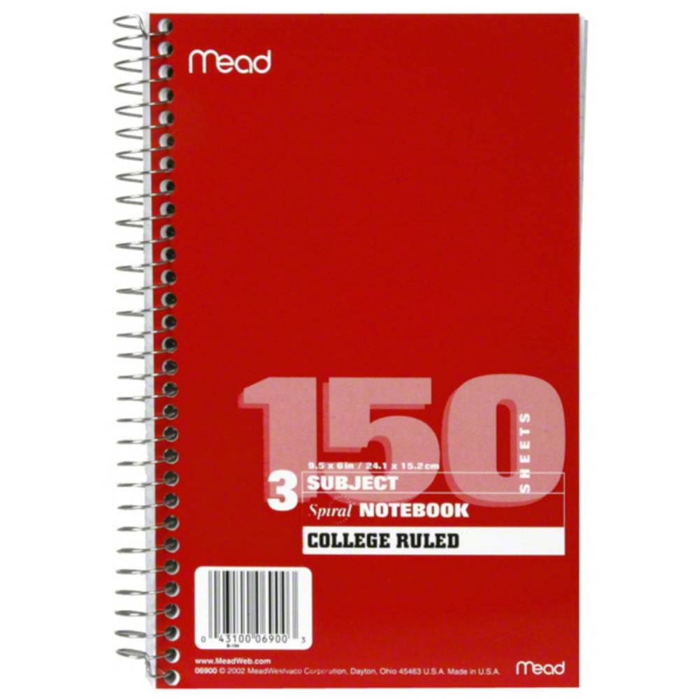 Mead Spiral Notebook, 3 Subject, College Ruled, 150 Sheets 1 Ea