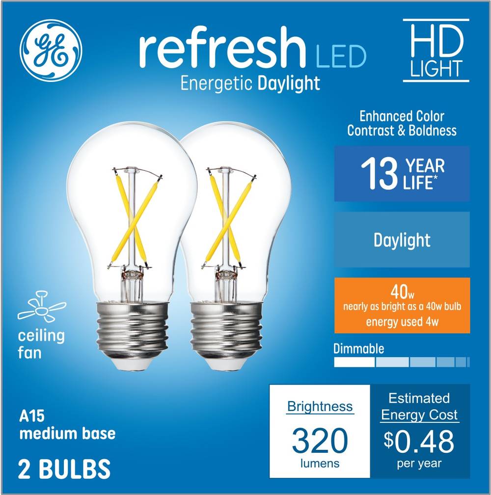 GE Refresh 40-Watt EQ A15 Daylight Medium Base (e-26) Dimmable LED General Purpose Light Bulb (2-Pack) | 93122137