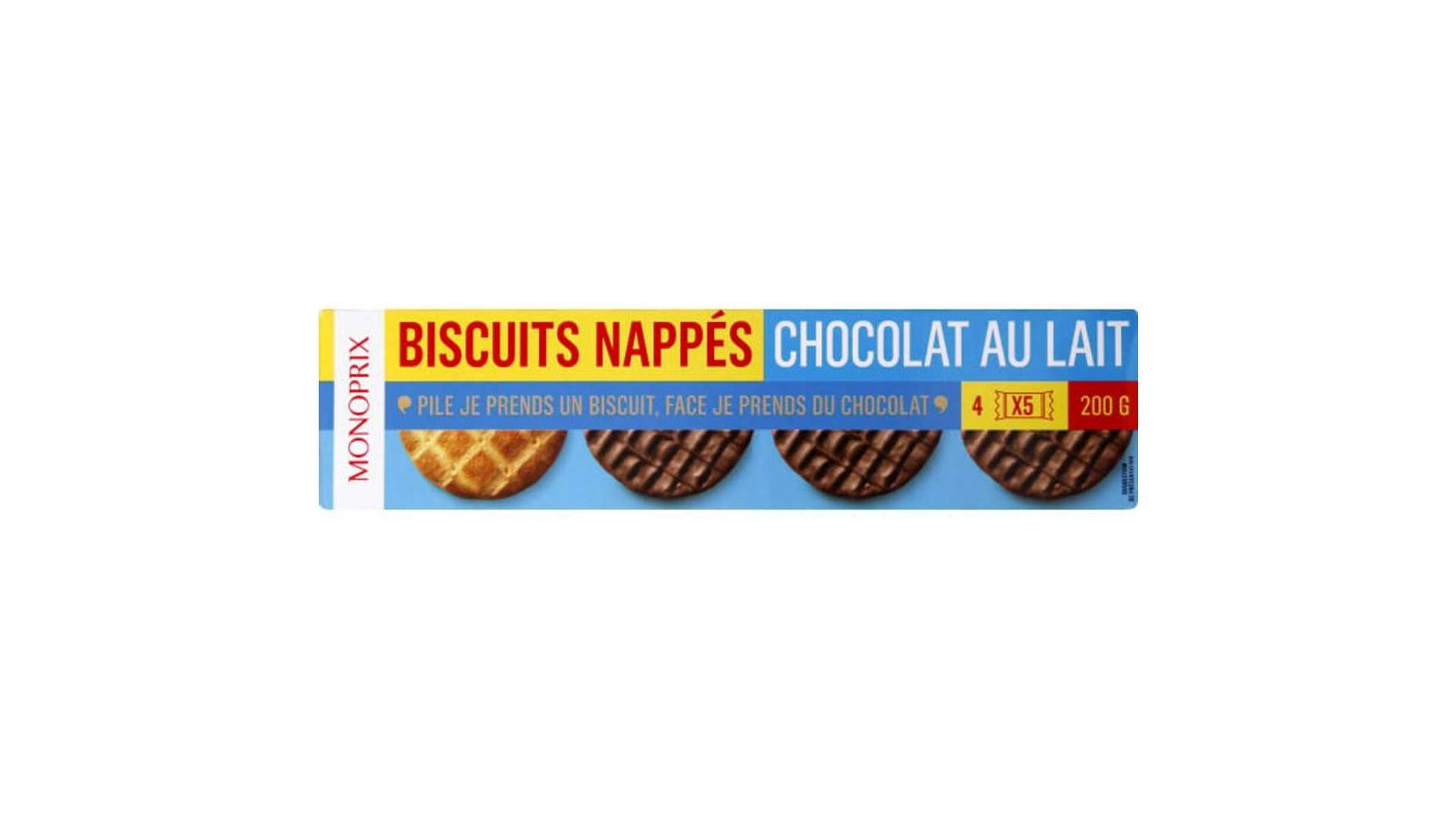 Monoprix Biscuits nappés chocolat au lait Les 4 sachets, 200g