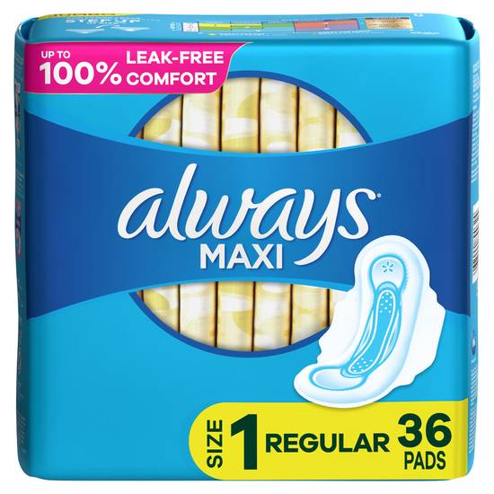 Always Maxi Pads Size 1 Regular Absorbency Unscented with Wings, 36 Count