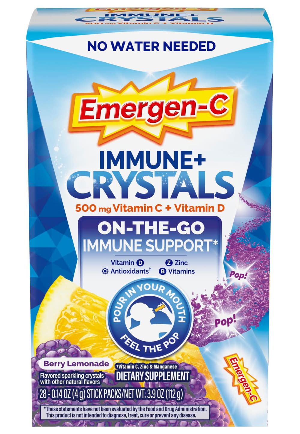 Emergen-C Immune Support Supplement Crystal Sticks, Berry Lemonade (3.9 oz, 28 ct)