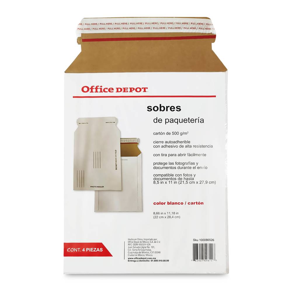 Office Depot · Sobres de paqueteria, 8" X 10 ", blanco/carton