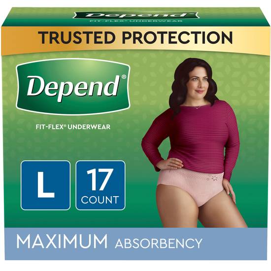 Depend FIT-FLEX Incontinence Underwear for Women, Maximum Absorbency, L, Blush, 17 Count